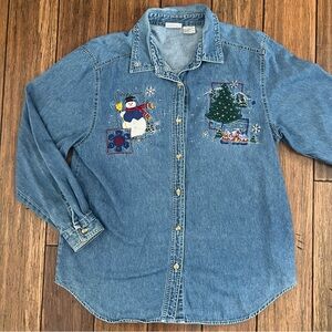 Vintage Denim Winter Scene Button Shirt Large Embroidered Snowflakes Snowman